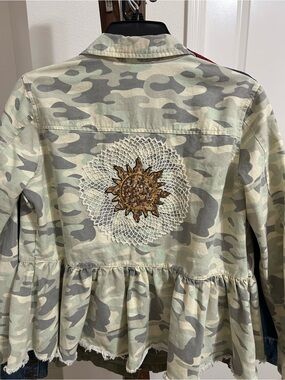 Upcycled Camo Peplum Jacket with Sun Crochet Patch and Lace